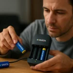 Muž nabíjajúci batérie Varta v inteligentnej nabíjačke.