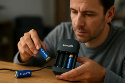 Muž nabíjajúci batérie Varta v inteligentnej nabíjačke.