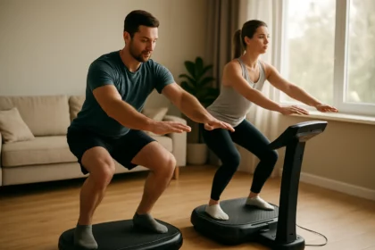 Pár cvičí na vibračnom tréneri pre lepšiu kondíciu a zdravie.