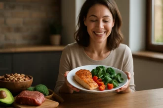 Žena s tanierom zdravého jedla - losos a zelenina
