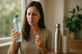 Žena skúmajúca plastovú fľašu vedľa nerezovej a ekologickej alternatívy.