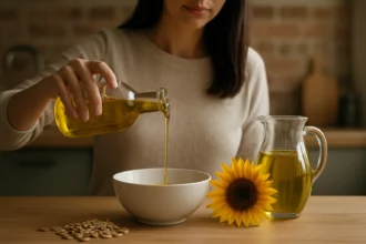 Žena nalieva za studena lisovaný slnečnicový olej do misky.