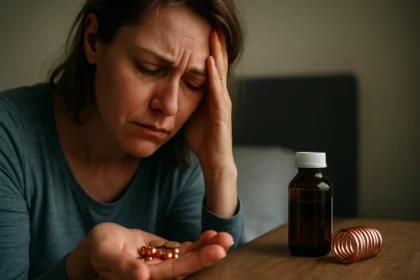 Žena s bolesťou hlavy držiaca kapsule vedľa liekovky