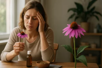 Žena drži kvet echinacei pri bolestivej hlave s liekom v pozadí.