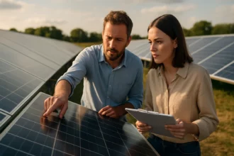 Dvojica odborníkov skúma solárny panel na slnečnej farmy.