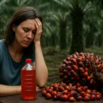 Žena zamyslená pri palmovom oleji a jeho dopadoch na životné prostredie.