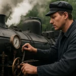 Muž ovládajúci parný rušeň s prúdmi pary pozadia