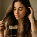 Žena s krásnymi vlasmi drží šálku kávy a skúma ich zdravie.