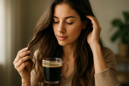 Žena s krásnymi vlasmi drží šálku kávy a skúma ich zdravie.