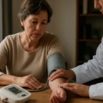 Žena sa meria krvný tlak u lekára na poradni.