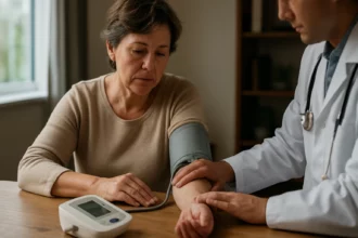 Žena sa meria krvný tlak u lekára na poradni.