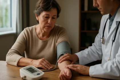 Žena sa meria krvný tlak u lekára na poradni.