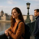 Pár na moste s pohľadom na Budapešťsku parlamentnú budovu.