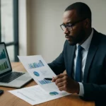 Podnikateľ analyzuje finančné údaje a grafy na dosiahnutie úspechu.