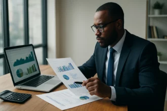 Podnikateľ analyzuje finančné údaje a grafy na dosiahnutie úspechu.