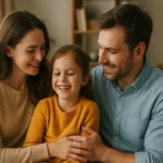 Šťastná rodina s dieťaťom, ktorá trávi čas spolu v obývačke.