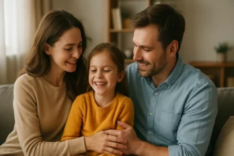 Šťastná rodina s dieťaťom, ktorá trávi čas spolu v obývačke.