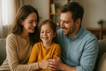 Šťastná rodina s dieťaťom, ktorá trávi čas spolu v obývačke.