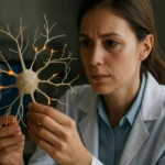 Vedkyňa skúma model neurónu s elektrickými impulzmi.