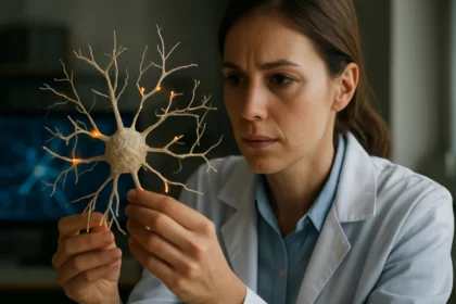 Vedkyňa skúma model neurónu s elektrickými impulzmi.