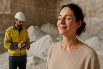 Žena s úsmevom v solnej bani, muž s clipboardom v pozadí