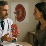 Lekár vysvetľuje funkciu obličiek pacientke s modelom obličky.