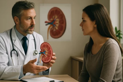 Lekár vysvetľuje funkciu obličiek pacientke s modelom obličky.