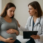 Tehotná žena diskutuje s lekárkou o hladine TSH a jeho vplyve na zdravie.