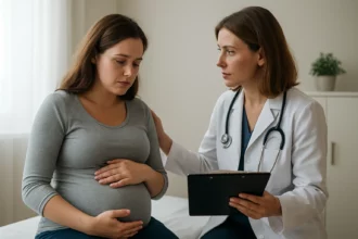 Tehotná žena diskutuje s lekárkou o hladine TSH a jeho vplyve na zdravie.