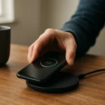 Osoba používa bezdrôtovú nabíjačku pre smartfón na drevenom stole.