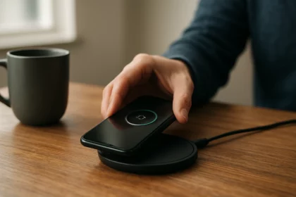 Osoba používa bezdrôtovú nabíjačku pre smartfón na drevenom stole.