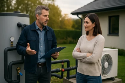 Diskusia o geotermálnom vykurovaní medzi odborníkom a zákazníkom.