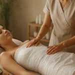 Žena podstupujúca telový zábal s terapeutickým masážnym postupom.