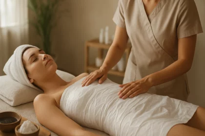 Žena podstupujúca telový zábal s terapeutickým masážnym postupom.