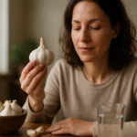 Žena skúma cesnak ako prírodný liek pre zdravie