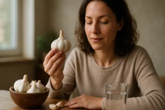 Žena skúma cesnak ako prírodný liek pre zdravie
