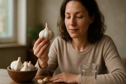 Žena skúma cesnak ako prírodný liek pre zdravie
