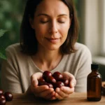 Žena s gaštanmi jedlými a prírodným olejom pre zdravie.