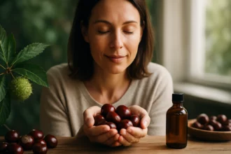 Žena s gaštanmi jedlými a prírodným olejom pre zdravie.