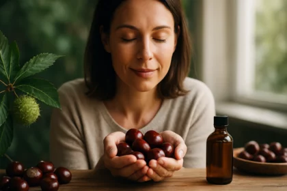 Žena s gaštanmi jedlými a prírodným olejom pre zdravie.