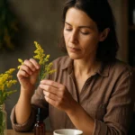 Žena skúma zlatobyľ, bylinku s blahodarnými účinkami.
