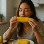 Žena vychutnáva si sladkú kukuricu v modernej kuchyni.