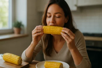 Žena vychutnáva si sladkú kukuricu v modernej kuchyni.