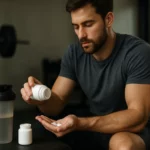 Muž užívajúci doplnky výživy pre športový výkon a regeneráciu.