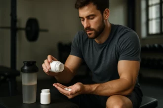 Muž užívajúci doplnky výživy pre športový výkon a regeneráciu.