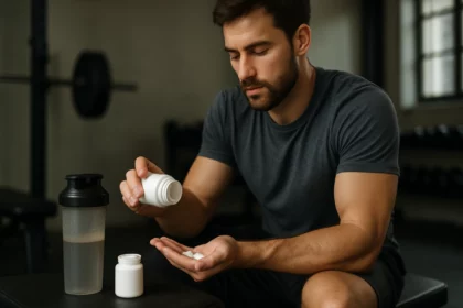Muž užívajúci doplnky výživy pre športový výkon a regeneráciu.