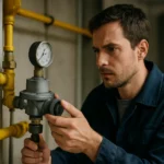 Muž kontrolujúci PB tlakový regulátor na plynovej inštalácii.