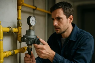 Muž kontrolujúci PB tlakový regulátor na plynovej inštalácii.