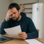 Muž s dôležitými dokumentmi, prekvapený vyžaduje geotermálne vykurovanie.