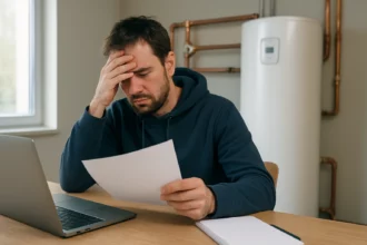 Muž s dôležitými dokumentmi, prekvapený vyžaduje geotermálne vykurovanie.